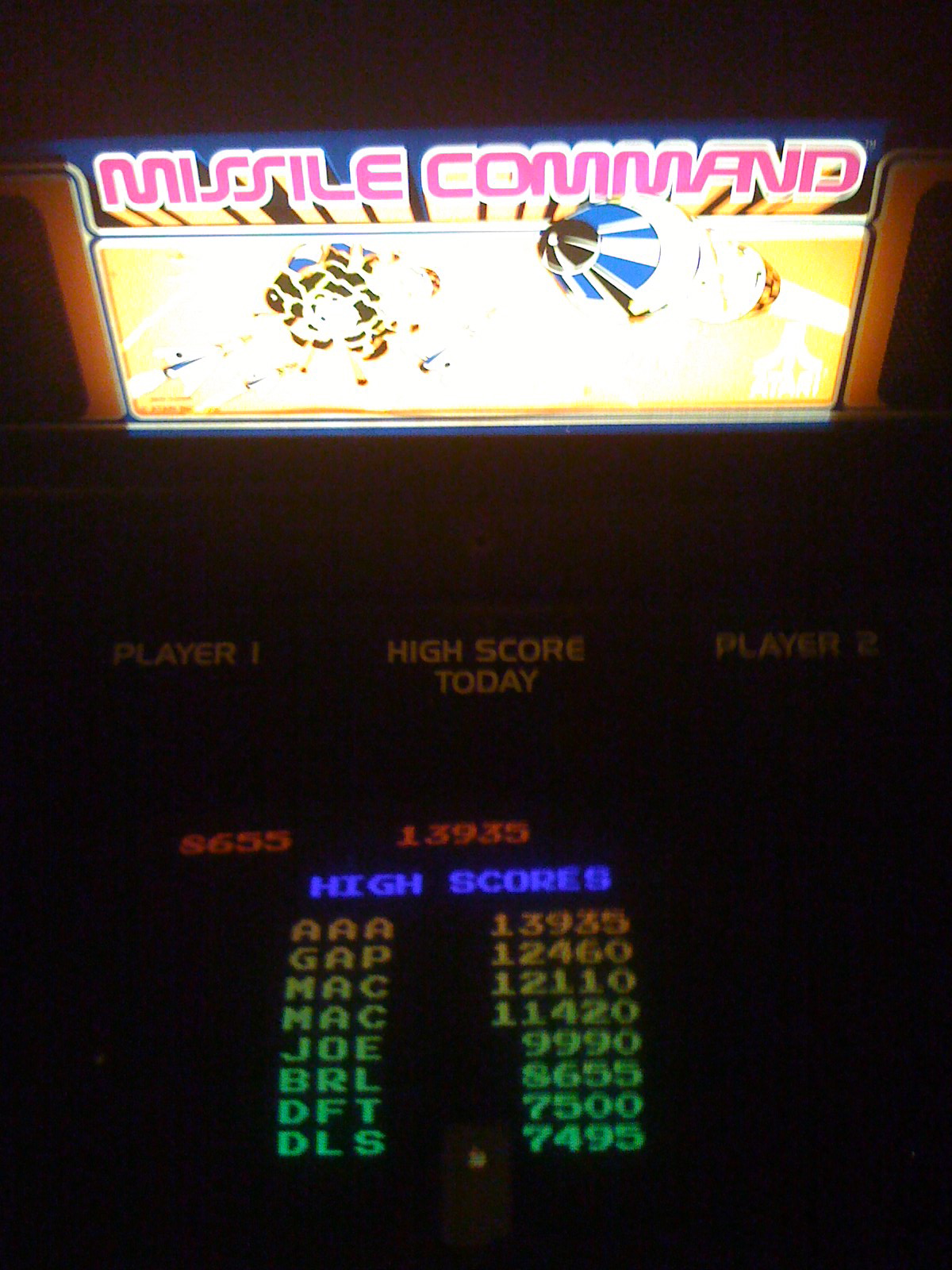 Missile Command arcade screen showing the high score table